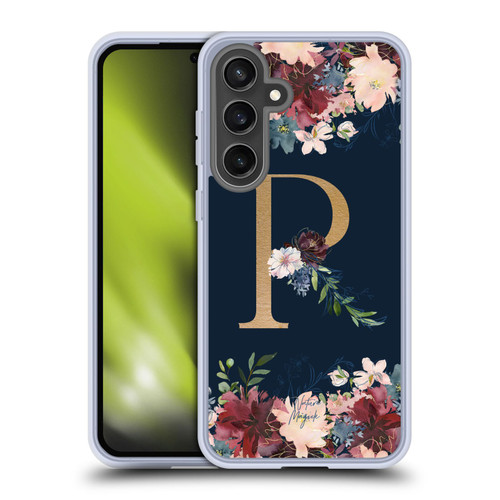 Nature Magick Floral Monogram Gold Navy 2 Letter R Soft Gel Case for Samsung Galaxy S24 FE & MagSafe