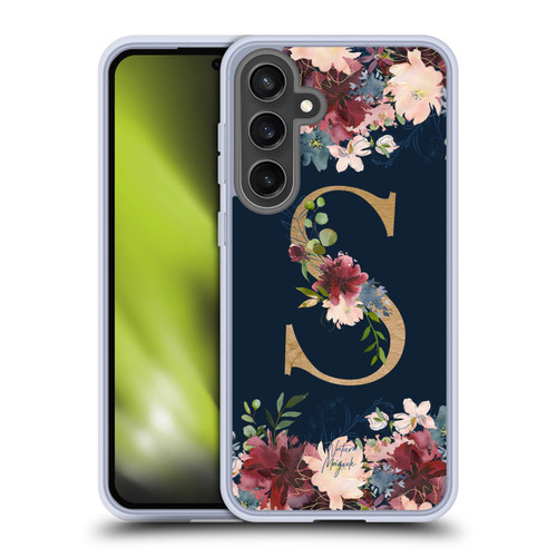 Nature Magick Floral Monogram Gold Navy 2 Letter S Soft Gel Case for Samsung Galaxy S24 FE & MagSafe