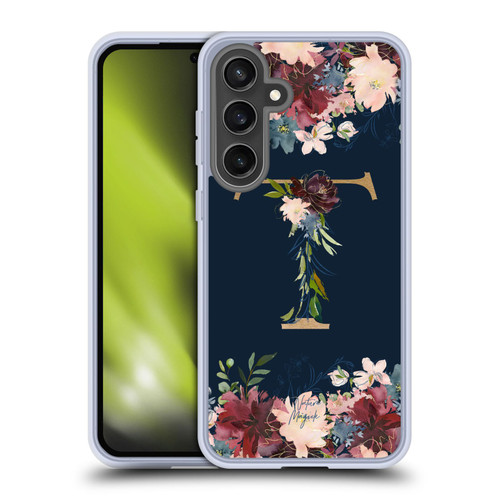 Nature Magick Floral Monogram Gold Navy 2 Letter T Soft Gel Case for Samsung Galaxy S24 FE & MagSafe