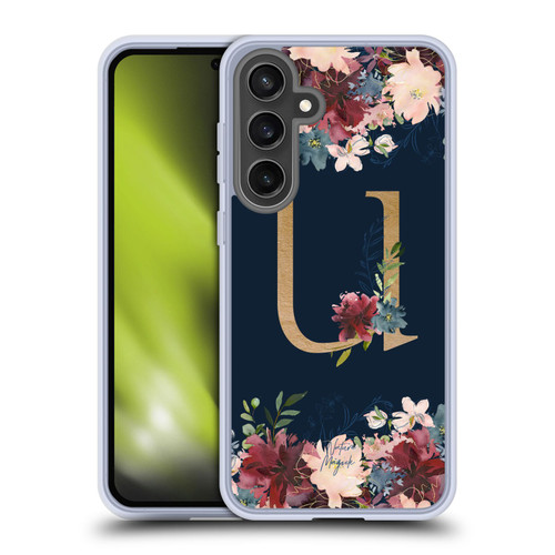 Nature Magick Floral Monogram Gold Navy 2 Letter U Soft Gel Case for Samsung Galaxy S24 FE & MagSafe