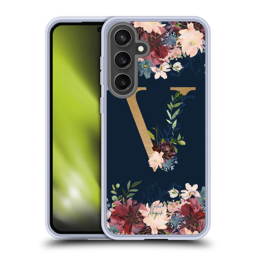 Nature Magick Floral Monogram Gold Navy 2 Letter V Soft Gel Case for Samsung Galaxy S24 FE & MagSafe
