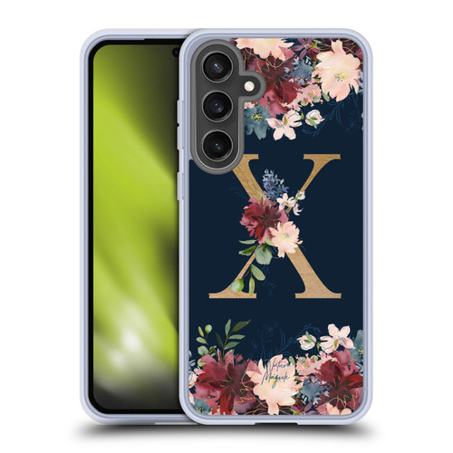 Nature Magick Floral Monogram Gold Navy 2 Letter X Soft Gel Case for Samsung Galaxy S24 FE & MagSafe
