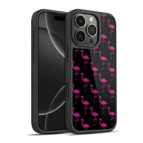 PLdesign Sparkly Flamingo Pink Pattern On Black Gel Armour Case For Apple iPhone 16 Pro