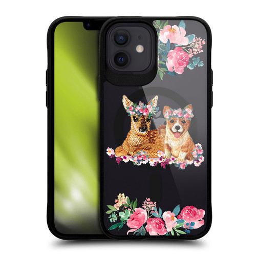 Monika Strigel Flower Collection Fawn & Corgi BLACK SHOCKPROOF BUMPER CASE COMPATIBLE WITH Apple iPhone 12 / iPhone 12 Pro & MAGSAFE