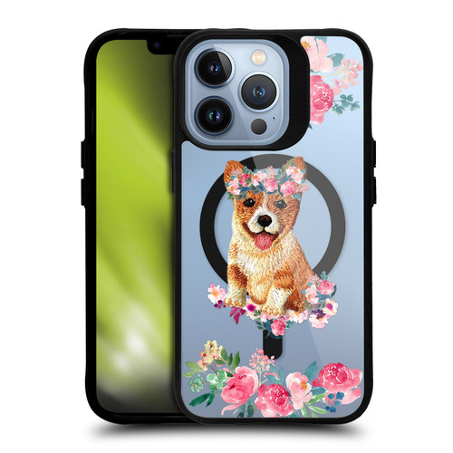 Monika Strigel Flower Collection Corgi BLACK SHOCKPROOF BUMPER CASE COMPATIBLE WITH Apple iPhone 13 Pro & MAGSAFE