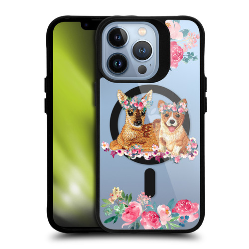 Monika Strigel Flower Collection Fawn & Corgi BLACK SHOCKPROOF BUMPER CASE COMPATIBLE WITH Apple iPhone 13 Pro & MAGSAFE