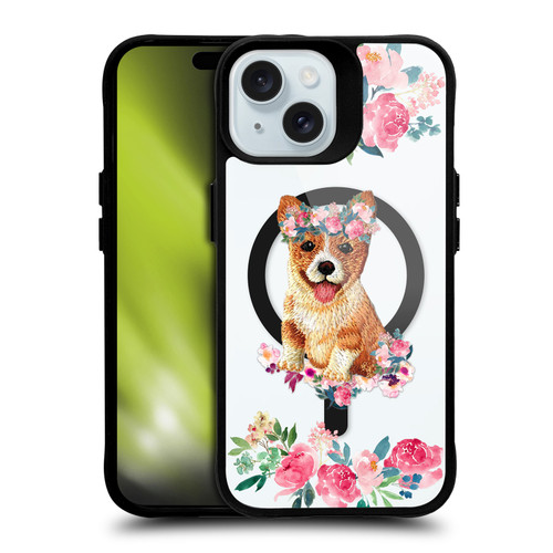 Monika Strigel Flower Collection Corgi BLACK SHOCKPROOF BUMPER CASE COMPATIBLE WITH Apple iPhone 15 & MAGSAFE