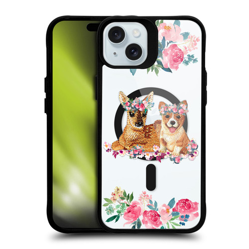 Monika Strigel Flower Collection Fawn & Corgi BLACK SHOCKPROOF BUMPER CASE COMPATIBLE WITH Apple iPhone 15 Plus & MAGSAFE