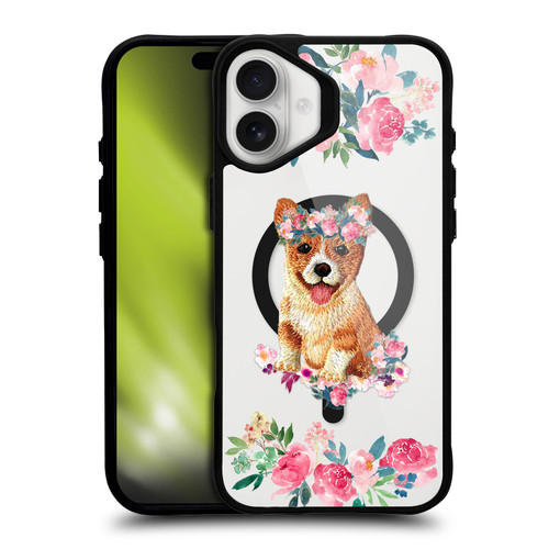 Monika Strigel Flower Collection Corgi BLACK SHOCKPROOF BUMPER CASE COMPATIBLE WITH Apple iPhone 16 Plus & MAGSAFE