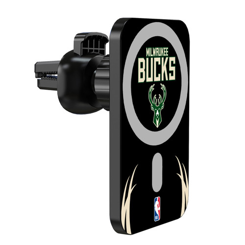 NBA Milwaukee Bucks Logo Black Design Magnetic Car Phone Mount with Wireless Charger - Black MagSafe iPhone and Android Qi Devices