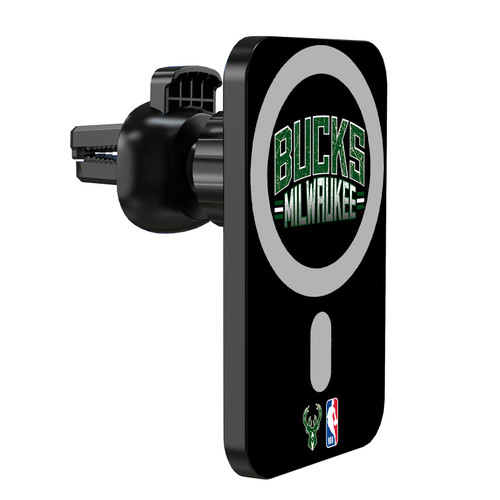 NBA Milwaukee Bucks Logo Black Magnetic Car Phone Mount with Wireless Charger - Black MagSafe iPhone and Android Qi Devices