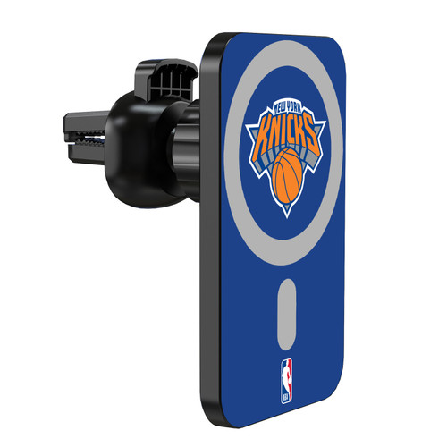 NBA New York Knicks Logo Blue Magnetic Car Phone Mount with Wireless Charger - Black MagSafe iPhone and Android Qi Devices
