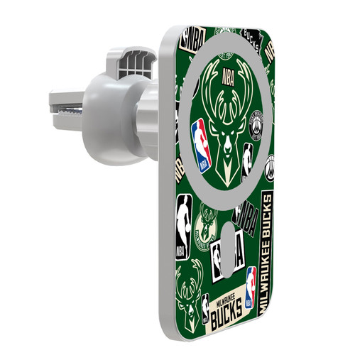 NBA Milwaukee Bucks Sticker Collage Magnetic Car Phone Mount with Wireless Charger - White MagSafe iPhone and Android Qi Devices