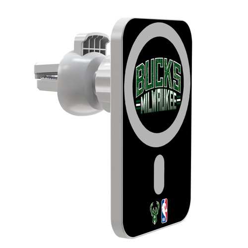 NBA Milwaukee Bucks Logo Black Magnetic Car Phone Mount with Wireless Charger - White MagSafe iPhone and Android Qi Devices