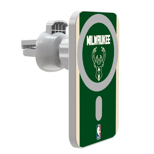 NBA Milwaukee Bucks Logo Green Design Magnetic Car Phone Mount with Wireless Charger - White MagSafe iPhone and Android Qi Devices