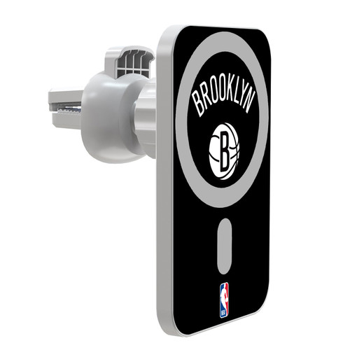NBA Brooklyn Nets Logo Black Design Magnetic Car Phone Mount with Wireless Charger - White MagSafe iPhone and Android Qi Devices