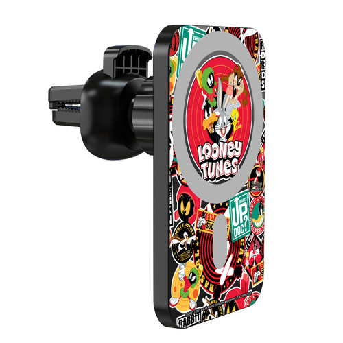 Looney Tunes Character Art Sylvester and Tweety Magnetic Car Phone Mount with Wireless Charger - Black MagSafe iPhone and Android Qi Devices