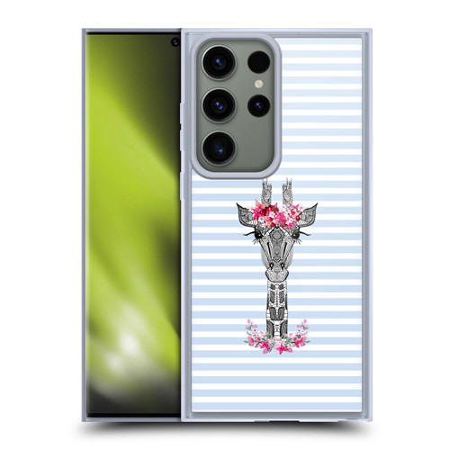 Monika Strigel Flower Giraffe And Stripes Blue Soft Gel Case for Samsung Galaxy S23 Ultra 5G & MagSafe