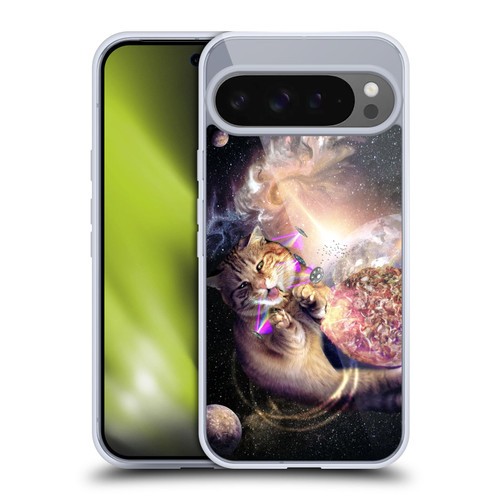 Random Galaxy Space Cat Reaching Big Pizza Soft Gel Case for Google Pixel 9 Pro XL