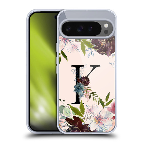 Nature Magick Rose Gold Flowers Monogram 1 Letter K Soft Gel Case for Google Pixel 9 Pro XL