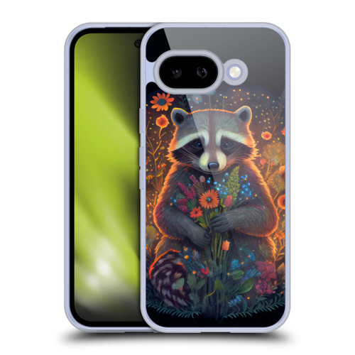 JK Stewart Key Art Raccoon Holding Flowers Soft Gel Case for Google Pixel 9A