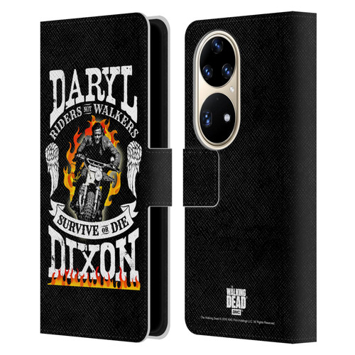 AMC The Walking Dead Daryl Dixon Biker Art Motorcycle Flames Leather Book Wallet Case Cover For Huawei P50 Pro