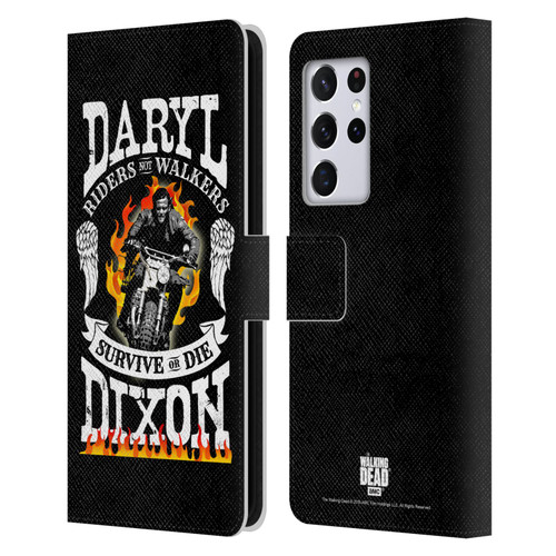 AMC The Walking Dead Daryl Dixon Biker Art Motorcycle Flames Leather Book Wallet Case Cover For Samsung Galaxy S21 Ultra 5G