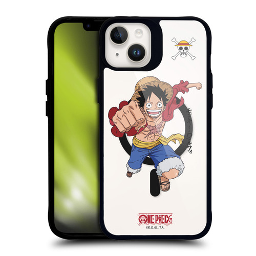 One Piece Graphic Art Luffy Text BLACK SHOCKPROOF BUMPER CASE COMPATIBLE WITH Apple iPhone 14 Plus & MAGSAFE
