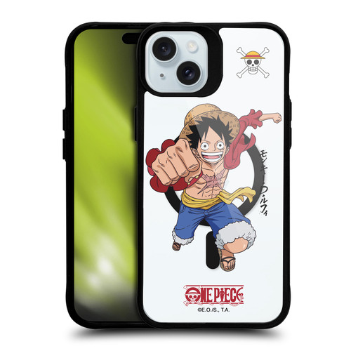 One Piece Graphic Art Luffy Text BLACK SHOCKPROOF BUMPER CASE COMPATIBLE WITH Apple iPhone 15 Plus & MAGSAFE