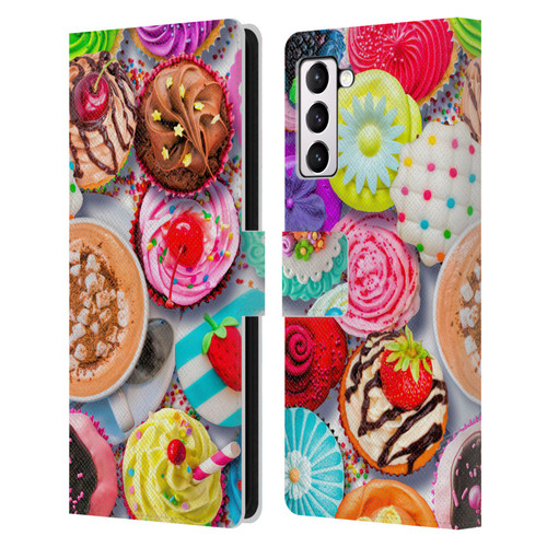 Aimee Stewart Colourful Sweets Cupcakes And Cocoa Leather Book Wallet Case Cover For Samsung Galaxy S21+ 5G