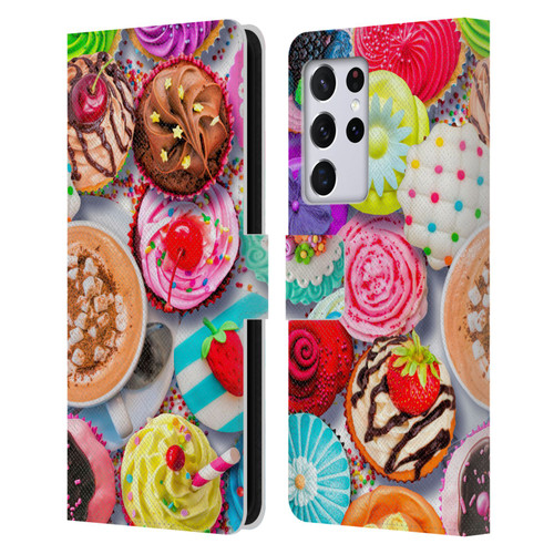 Aimee Stewart Colourful Sweets Cupcakes And Cocoa Leather Book Wallet Case Cover For Samsung Galaxy S21 Ultra 5G