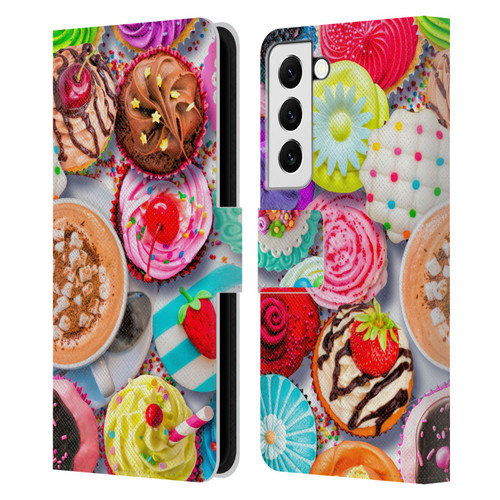 Aimee Stewart Colourful Sweets Cupcakes And Cocoa Leather Book Wallet Case Cover For Samsung Galaxy S22 5G