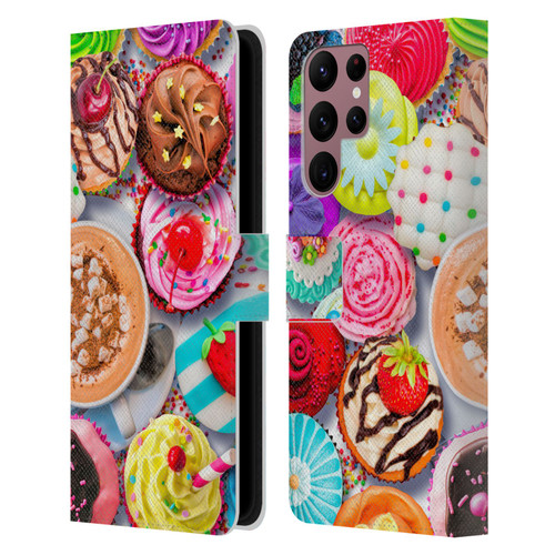 Aimee Stewart Colourful Sweets Cupcakes And Cocoa Leather Book Wallet Case Cover For Samsung Galaxy S22 Ultra 5G