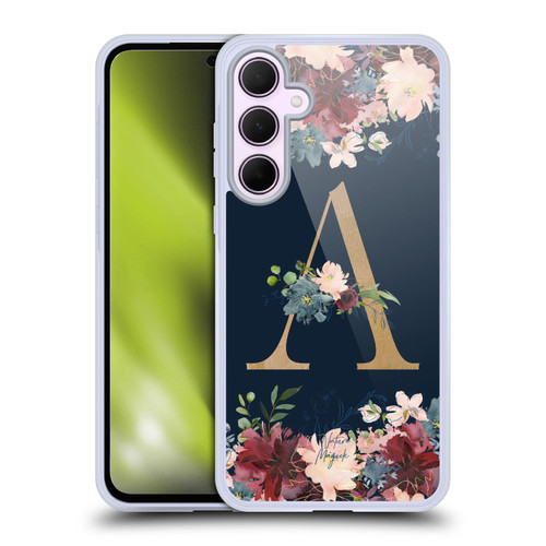 Nature Magick Floral Monogram Gold Navy Letter A Soft Gel Case for Samsung Galaxy A35 5G