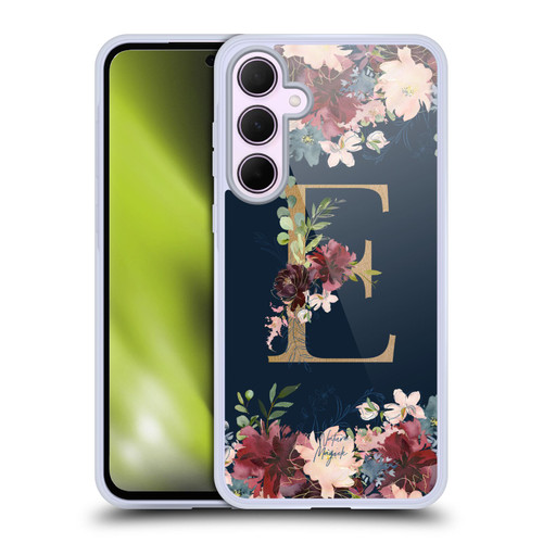 Nature Magick Floral Monogram Gold Navy Letter E Soft Gel Case for Samsung Galaxy A35 5G