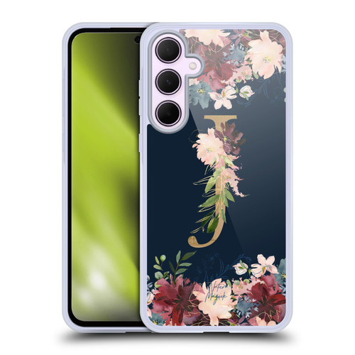 Nature Magick Floral Monogram Gold Navy Letter J Soft Gel Case for Samsung Galaxy A35 5G