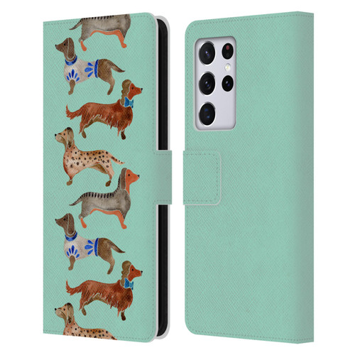 Cat Coquillette Animals Blue Dachshunds Leather Book Wallet Case Cover For Samsung Galaxy S21 Ultra 5G