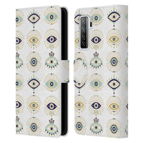 Cat Coquillette Linear White Evil Eyes Pattern Leather Book Wallet Case Cover For Huawei Nova 7 SE/P40 Lite 5G