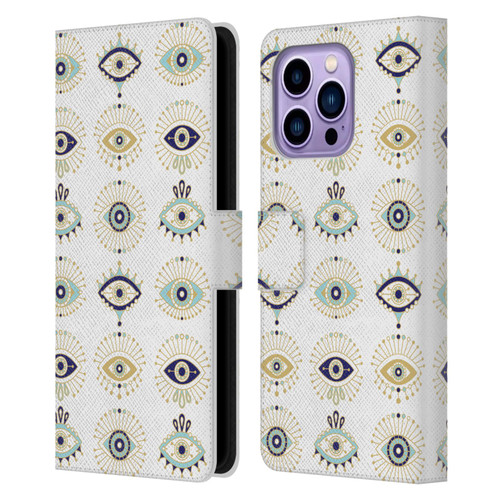 Cat Coquillette Linear White Evil Eyes Pattern Leather Book Wallet Case Cover For Apple iPhone 14 Pro Max