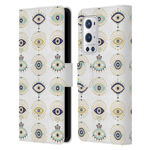 Cat Coquillette Linear White Evil Eyes Pattern Leather Book Wallet Case Cover For OnePlus 9 Pro