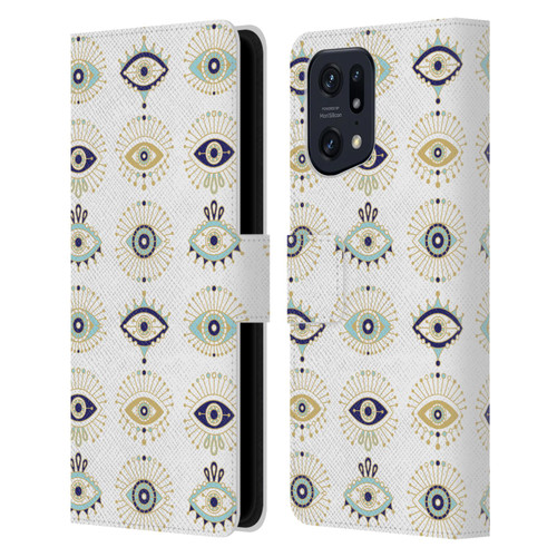 Cat Coquillette Linear White Evil Eyes Pattern Leather Book Wallet Case Cover For OPPO Find X5