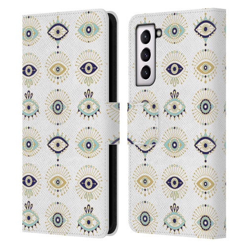 Cat Coquillette Linear White Evil Eyes Pattern Leather Book Wallet Case Cover For Samsung Galaxy S21 5G