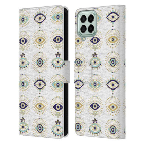 Cat Coquillette Linear White Evil Eyes Pattern Leather Book Wallet Case Cover For Samsung Galaxy M33 (2022)