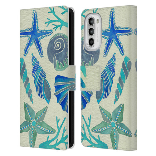 Cat Coquillette Sea Seashells Blue Leather Book Wallet Case Cover For Motorola Moto G52