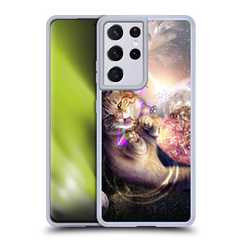 Random Galaxy Space Cat Reaching Big Pizza Soft Gel Case for Samsung Galaxy S21 Ultra 5G & MagSafe