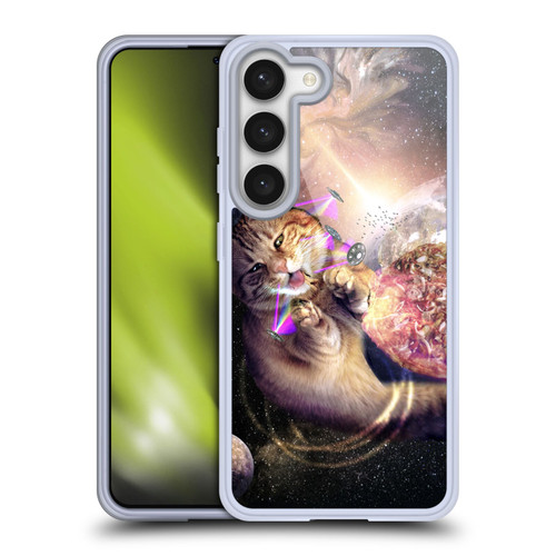 Random Galaxy Space Cat Reaching Big Pizza Soft Gel Case for Samsung Galaxy S23 5G & MagSafe