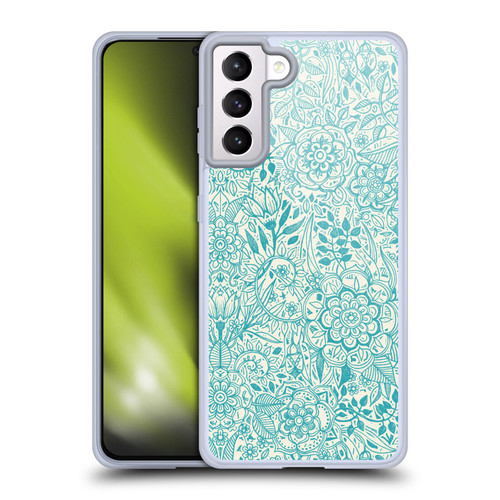 Micklyn Le Feuvre Floral Patterns Teal And Cream Soft Gel Case for Samsung Galaxy S21+ 5G & MagSafe
