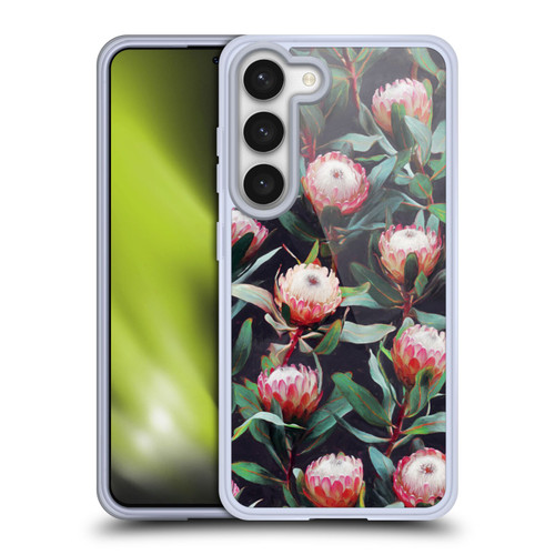 Micklyn Le Feuvre Florals 2 Evening Proteas Pink On Charcoal Soft Gel Case for Samsung Galaxy S23 5G & MagSafe