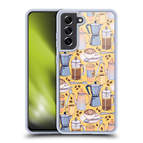 Micklyn Le Feuvre Patterns 2 Coffee Love On Yellow Soft Gel Case for Samsung Galaxy S21 FE 5G & MagSafe