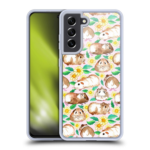 Micklyn Le Feuvre Patterns 2 Guinea Pigs And Daisies In Watercolour On Pink Soft Gel Case for Samsung Galaxy S21 FE 5G & MagSafe